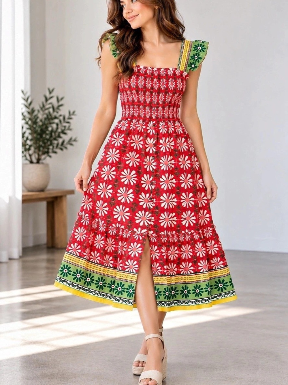 Easel Floral Midi Dress in Red & Green NWT